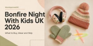 Bonfire Night with kids UK 2026: kids ear defenders, knitted hat, mittens and glow sticks