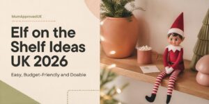 Elf on the Shelf ideas UK 2026: elf sitting on a shelf beside a mug of marshmallows