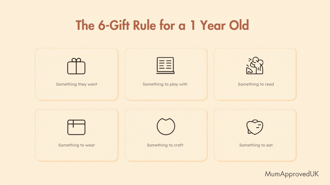 The six-gift rule for a 1 year old: something they want, play with, read, wear, craft and eat